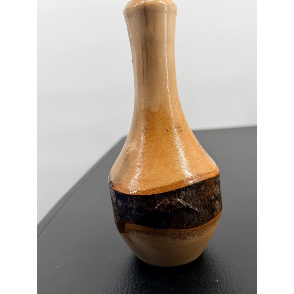 Handmade Wood Bud Vase 6in Brown Good Live Edge Bark Artist Signed Rustic Cabin